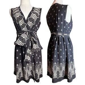 Anna Sui 100% Silk Wrap Dress M Black Ivory Boho Geometric Tie Waist Mini